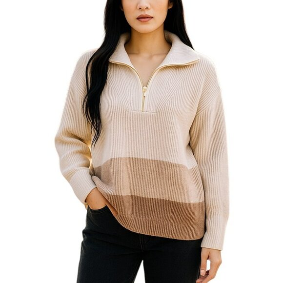 Marc New York Colorblock Half-Zip Sweater Women’s Size M | Neutral Ribbed Knit - Picture 1 of 7